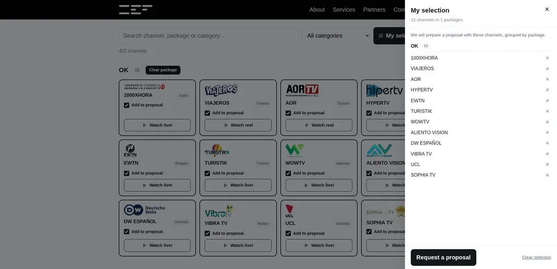 The content catalogue with channels selected: «My selection» lists them, grouped by package, ready to request a proposal.