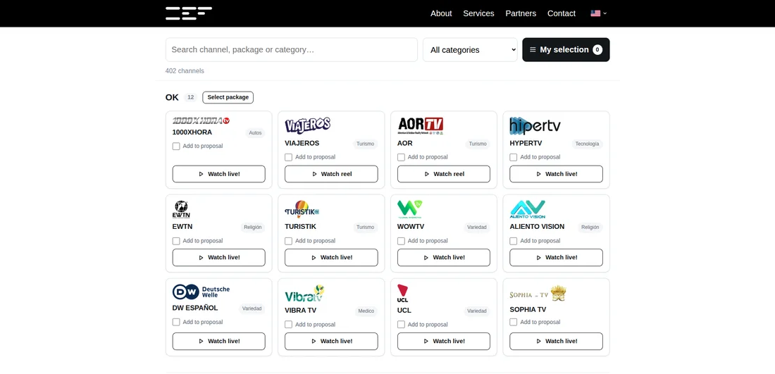The content catalogue: channels by package, with their logos, a reel or live preview and «Add to proposal».